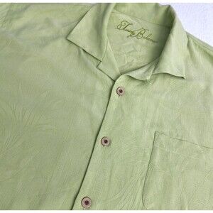Tommy Bahama Hawaiian Silk Shirt L Mens Lime Green Jacquard Palm Leaves Button